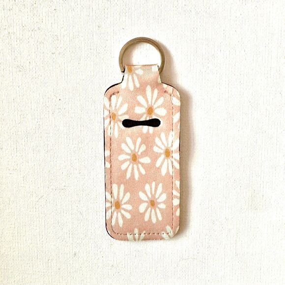 Daisies Pink Chapstick Holder Keychain Ring / Boho Lip Balm Holder Accessory - Picture 2 of 3